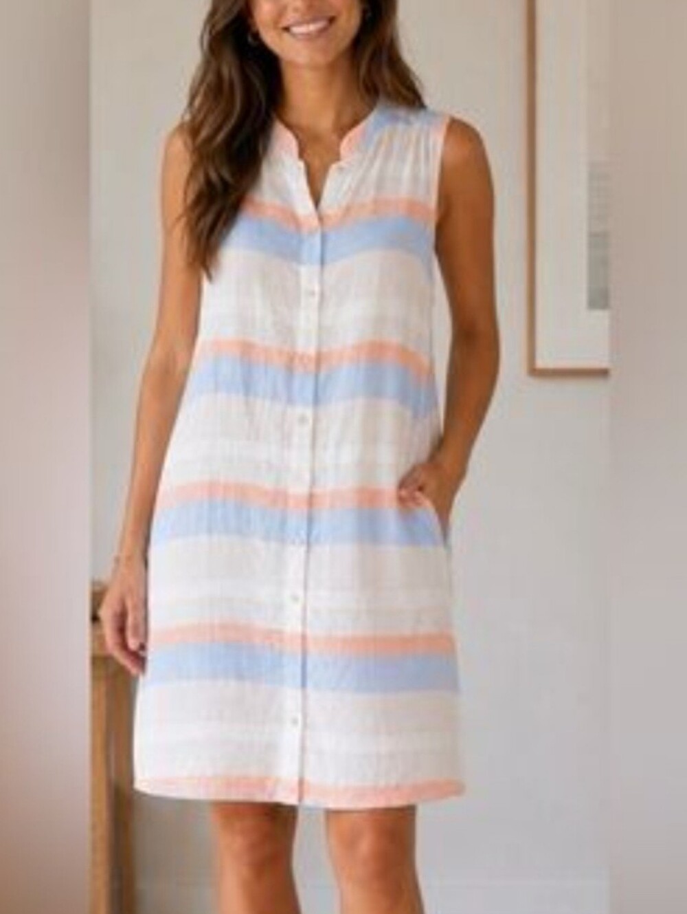 Cynthia Rowley Striped Linen Dress in Blue, Peach & White